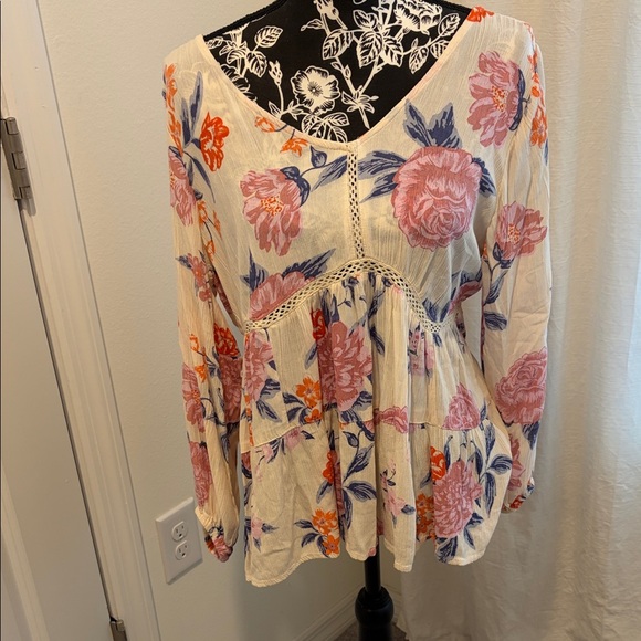 Angie Tops - Angie Cream Blouse with Pink and Orange Floral Design